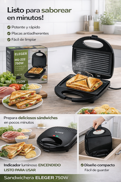 Sandwichera 750W – Rápida, Compacta y Potente para Desayunos Perfectos
